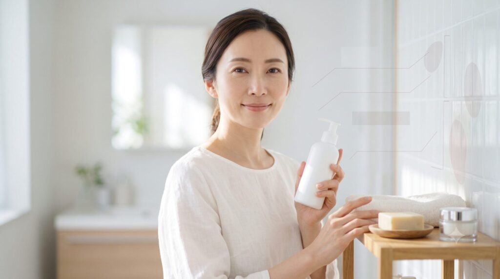 デオドラントやスキンケア用品を手に